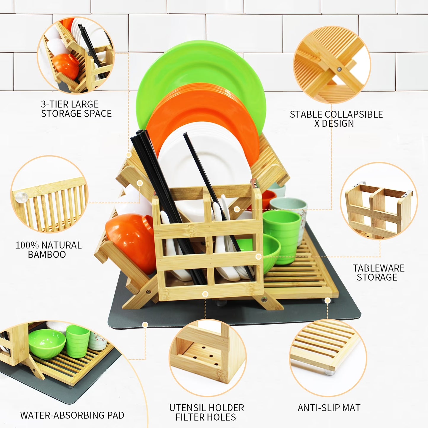 3-Tier Bamboo Dish Drying Rack with Utensil Holder – Collapsible Wooden Dish Drainer with Drying Mat for Kitchen Counter