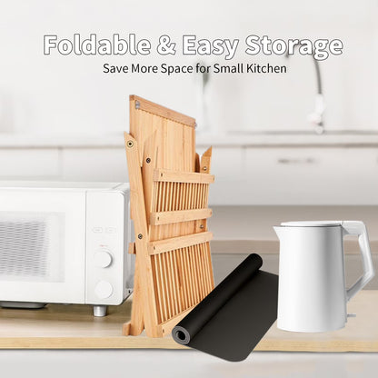 3-Tier Bamboo Dish Drying Rack with Utensil Holder – Collapsible Wooden Dish Drainer with Drying Mat for Kitchen Counter