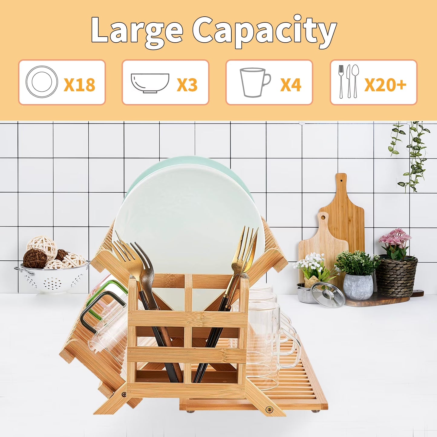 3-Tier Bamboo Dish Drying Rack with Utensil Holder – Collapsible Wooden Dish Drainer with Drying Mat for Kitchen Counter