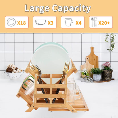3-Tier Bamboo Dish Drying Rack with Utensil Holder – Collapsible Wooden Dish Drainer with Drying Mat for Kitchen Counter