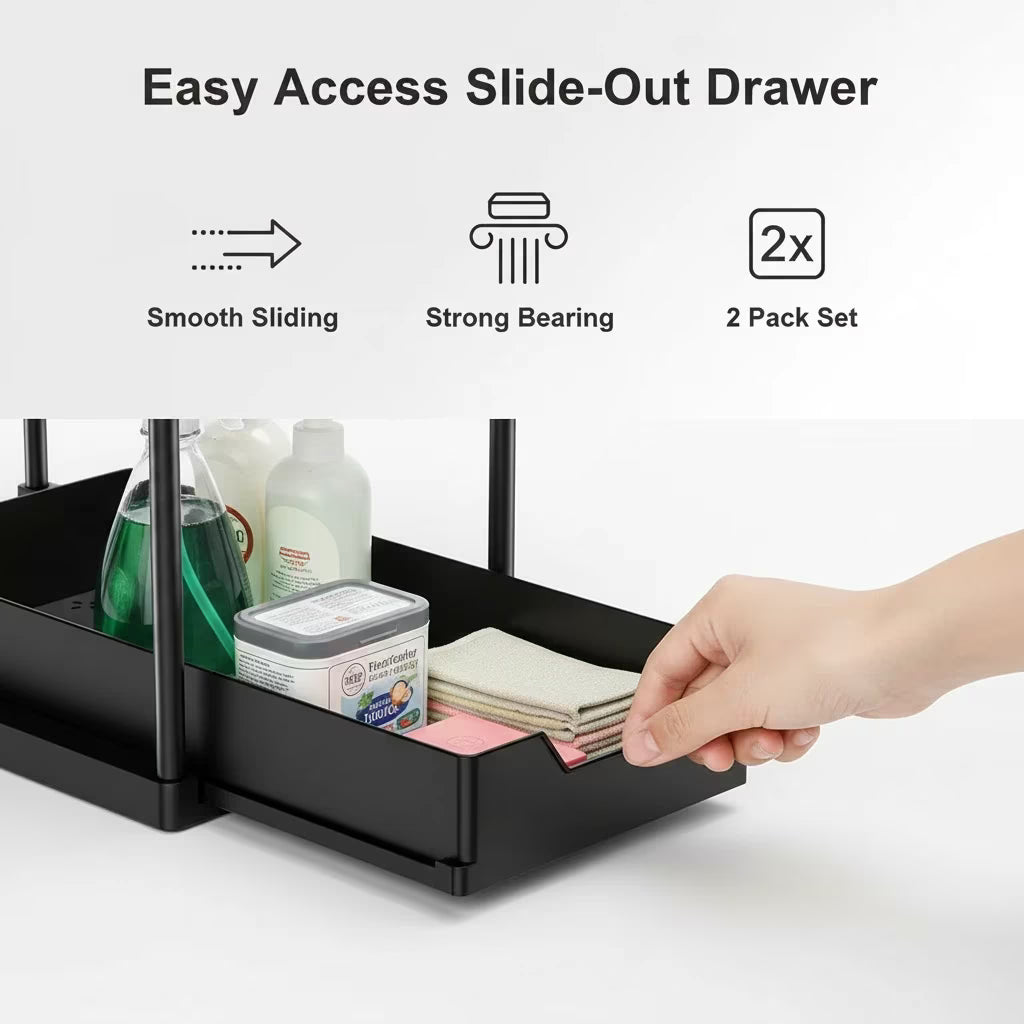 2-Pack 2-Tier Sliding Under Sink Organizer – Storage Rack for Kitchen & Bathroom Cabinet Space