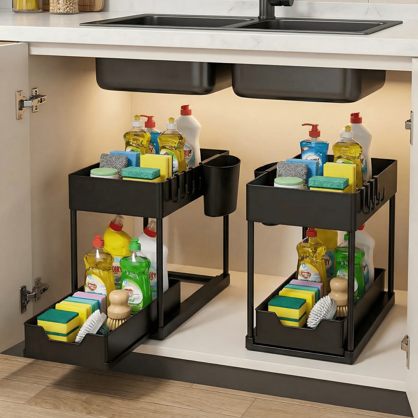 2-Pack 2-Tier Sliding Under Sink Organizer – Storage Rack for Kitchen & Bathroom Cabinet Space