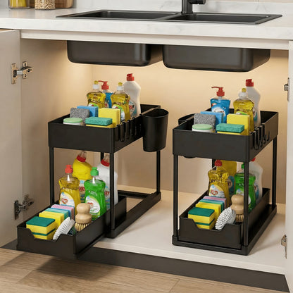 2-Pack 2-Tier Sliding Under Sink Organizer – Storage Rack for Kitchen & Bathroom Cabinet Space