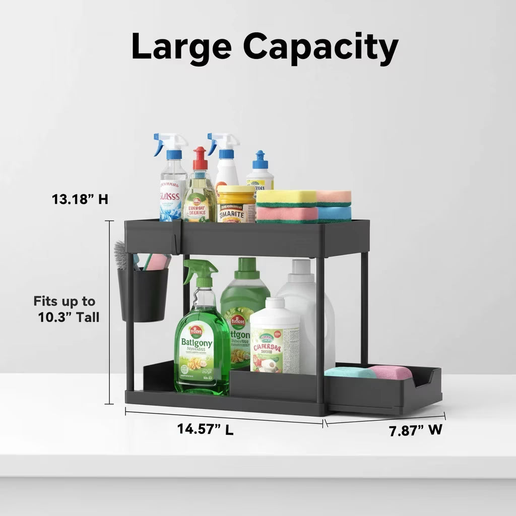 2-Pack 2-Tier Sliding Under Sink Organizer – Storage Rack for Kitchen & Bathroom Cabinet Space