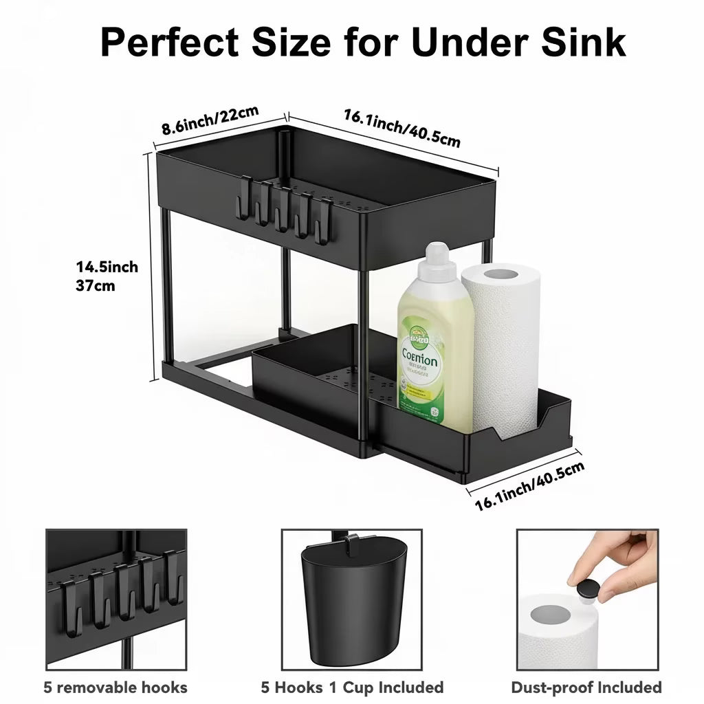 2-Pack 2-Tier Sliding Under Sink Organizer – Storage Rack for Kitchen & Bathroom Cabinet Space