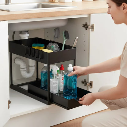 2-Pack 2-Tier Sliding Under Sink Organizer – Storage Rack for Kitchen & Bathroom Cabinet Space